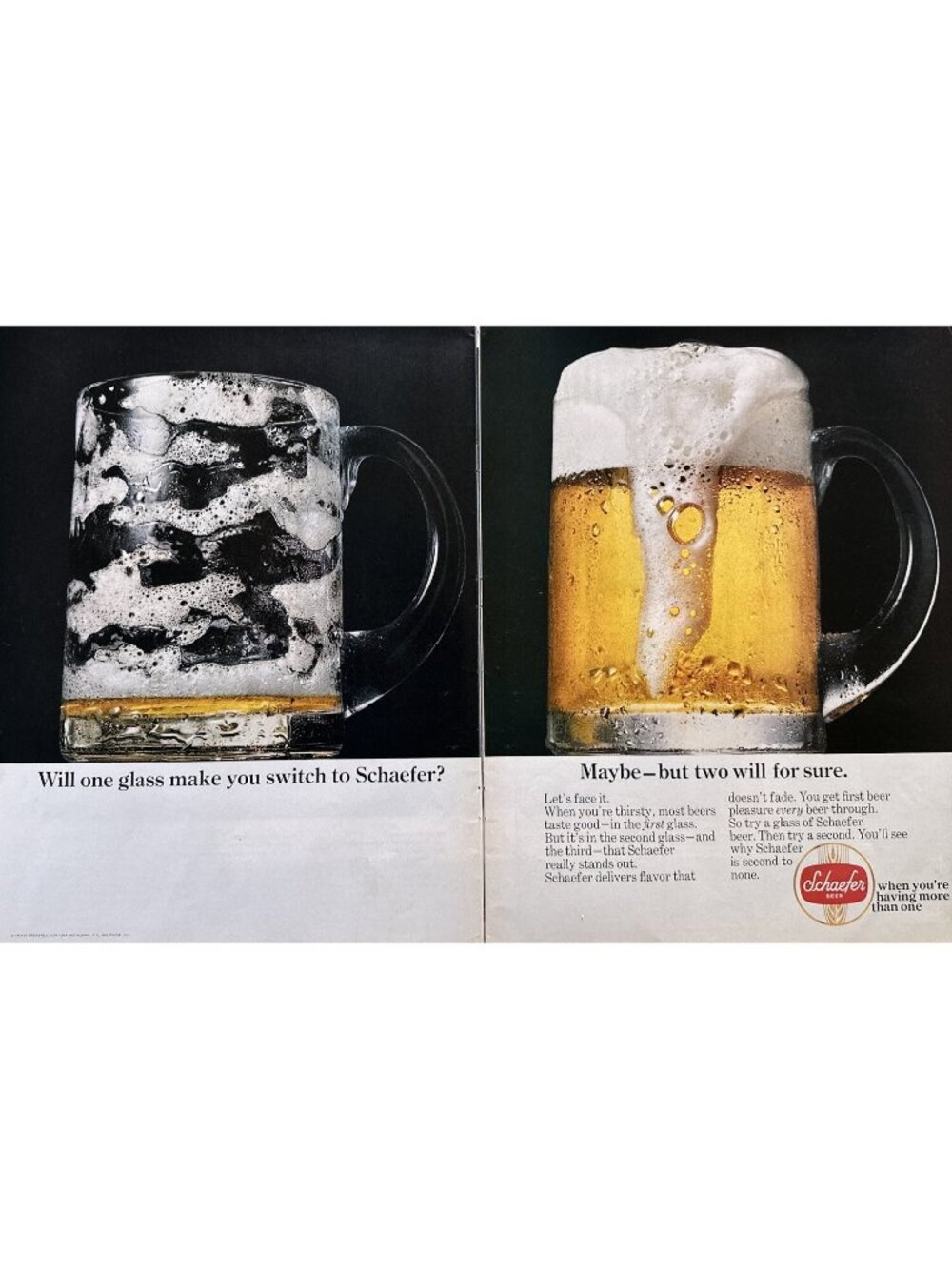 SCHAEFER 1967 Beer Vintage Print Ad‎ 2 Page Mug Glass Life 1967 14.5x 22”
